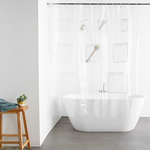 Clear PEVA Shower Curtain with 9 Storage Pockets - 72" x 72"