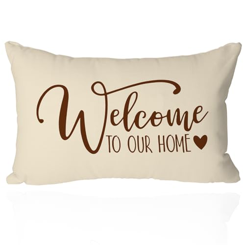 PreLiving Beige 20x12 Inch Farmhouse Welcome Pillow Cover - Rustic Lumbar Cushion Case