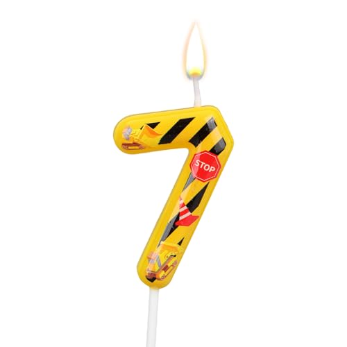 Construction Birthday Candle Number 7 - Yellow & Black Stripe Cake Topper