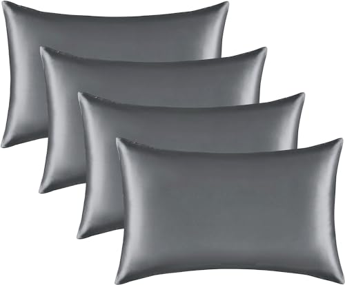 Juwenin Home Satin Pillowcase Set, Queen Size, Gray, 4 Pack
