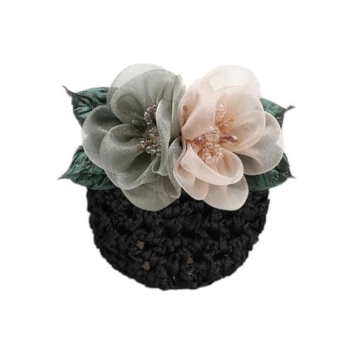 Floral Hair Bun Net with Organza Flowers & Black Crochet Mesh