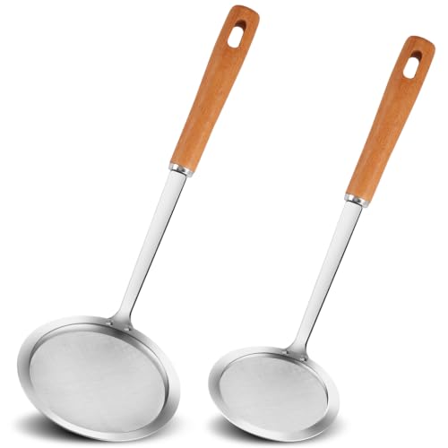 2-Piece Stainless Steel Fine Mesh Skimmer Spoon Set with Wooden Handle