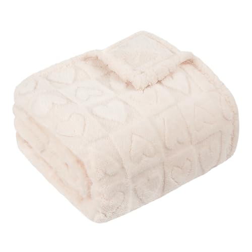 MACEVIA Heart Pattern Throw Blanket, Soft Fuzzy Fleece for Couch, Beige 50x60
