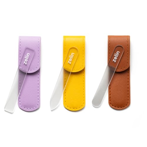 Zelin Glass Nail File Set with Leather Case, 3 Pcs Reusable Crystal Nail Files for Natural Nails, Portable Travel Manicure Tool