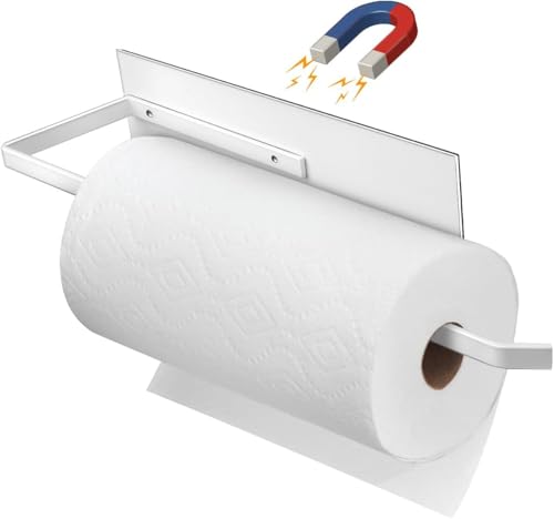 Magnetic Paper Towel Holder - White, Wall Mount Kitchen Organizer