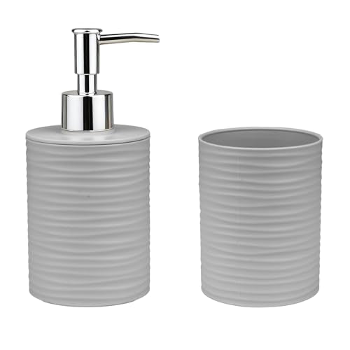 Gray Bathroom Set with Ripple Texture Soap Dispenser & Toothbrush Holder