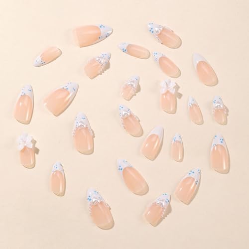 French Blue Press On Nails Medium Almond Fake Nails 3D Heart Rhinestone