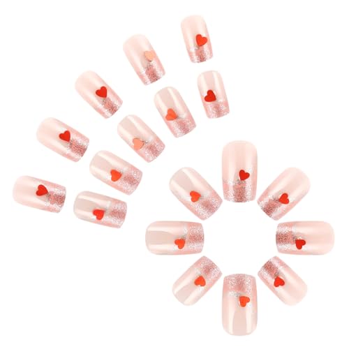 Valentines Press on Nails Medium French Tip with Red Heart Design