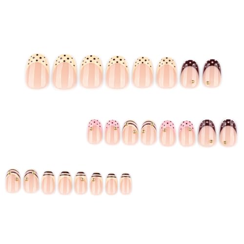 French Tip Press On Nails Almond Shape Brown Glossy False Nails