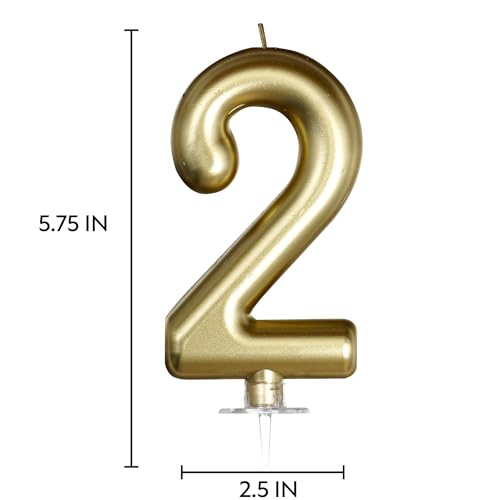 Number 2 Birthday Candle - 5.75 Inch Metallic Gold Cake Topper