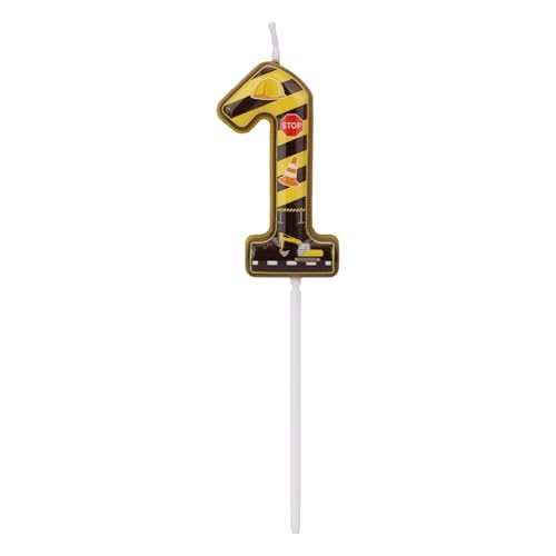 Construction Number 1 Candle - Yellow & Black Striped Birthday Cake Topper