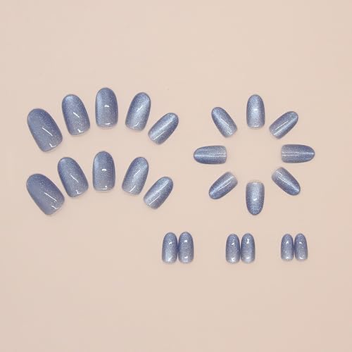 SWEKKE Blue Press On Nails Short Almond Glossy Glitter False Nails 24 Pcs