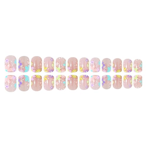 Short Square Press on Nails Floral French Tip Reusable Acrylic Fake Nails
