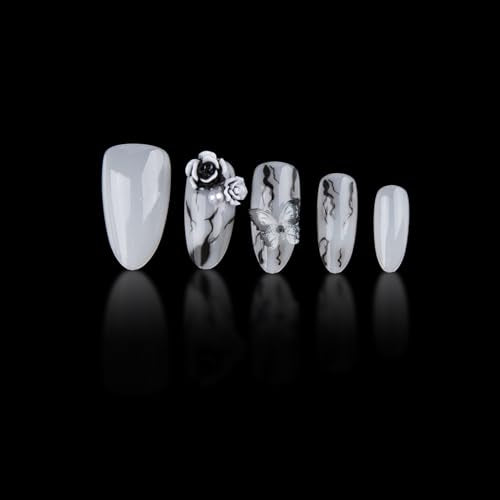 3D Handmade Press On Nails Almond Glossy Black White Marble Butterfly