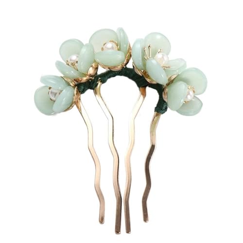 Chinese Style Vintage Hair Fork - 4 Prong U Shaped Hairpin Stick Green