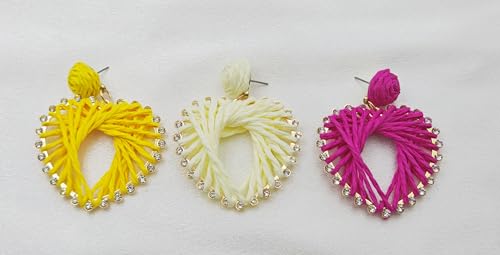 Heart Drop Raffia Earrings for Women - Handmade Dangle Jewelry
