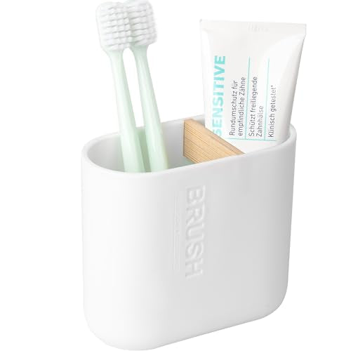 Rejomiik White Toothbrush Holder, Bamboo & Plastic Bathroom Organizer