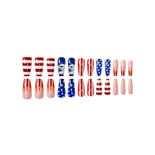 ASABITE Independence Day Long Coffin Press On Nails - 24 Pcs Patriotic Fake Nails with Star and Stripe Design