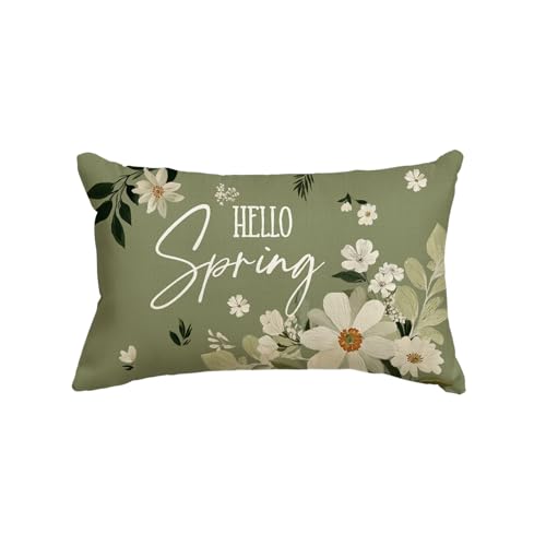 Hello Spring White Daisy Throw Pillow Cover - 12x20 Inch Eucalyptus Design