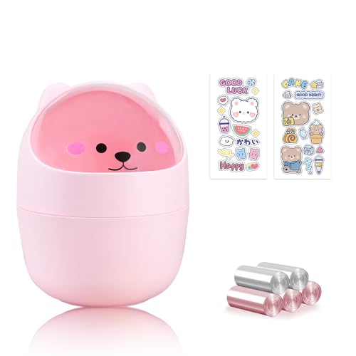 Kawaii Bear Desktop Trash Can - Pink Mini Countertop Wastebasket