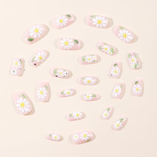 Octoswave Short Square Press on Nails with Pink Daisy Flowers and Rhinestones