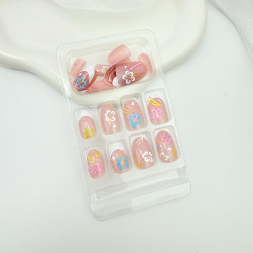 Short Almond Press on Nails Glossy White French Floral False Nails