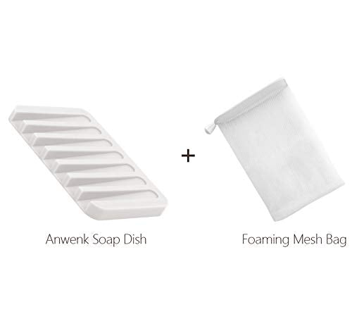 Anwenk Silicone Soap Dish & Foaming Mesh Bag - Self-Draining White Holder