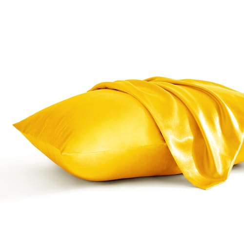 BEDSUM Queen Satin Pillowcases, 20x30 Yellow Silky Pillow Covers - 2-Pack