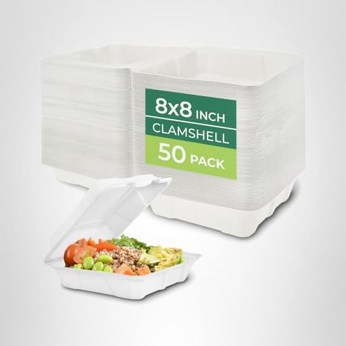 Freshware Clamshell Food Containers with Lids [8x8" 100-Pack] Disposable To Go Containers, Biodegradable Sugarcane To Go Boxes - Paper Container - Microwave & Freezer Safe, Stackable