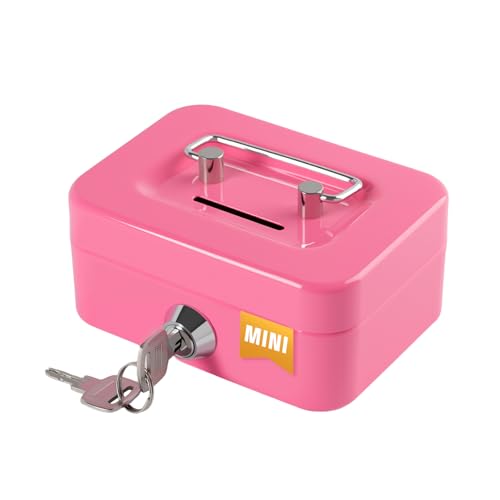 Crinwaki Mini Pink Steel Cash Box with Lock and Coin Slot - 4.5" Compact Safe