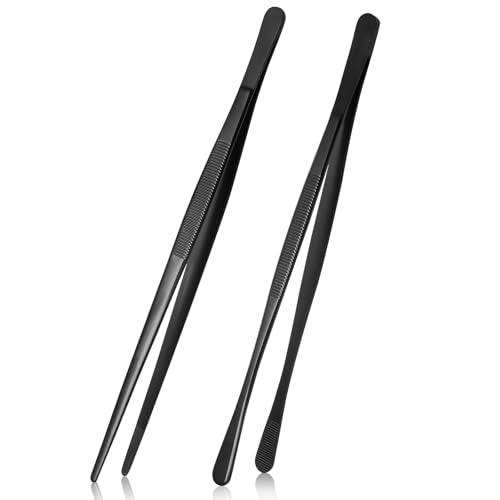 Litoexpe 10-Inch Stainless Steel Fine Tweezer Tongs, 2 Pcs Black