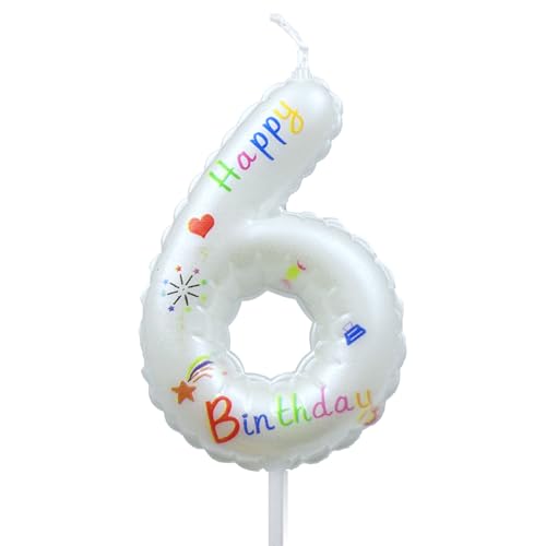 Colorful Number 6 Birthday Candle - White Happy Birthday Cake Topper