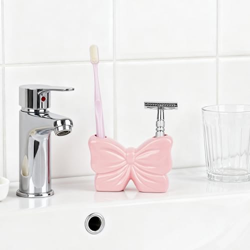 Pink Bow Ceramic Toothbrush Holder - Cute Bathroom Counter Organizer