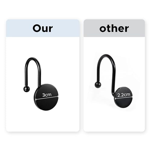 Sunlit Black Shower Curtain Hooks - 1.2 Inch Large Round Metal Rings for Bathroom