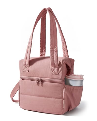 BAGSMART Insulated Double Deck Lunch Bag - Large Reusable Tote in Nude Pink