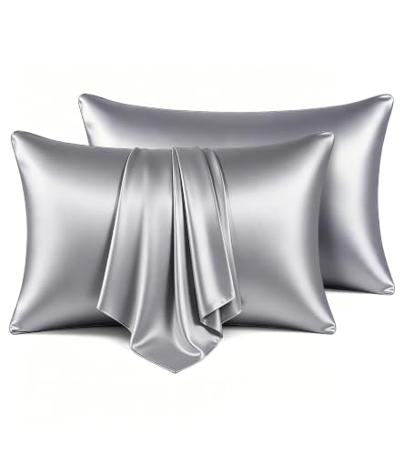 Satin Pillowcases for Hair & Skin - Cooling Envelope Closure Set of 2 (20x30, Silver Gray)