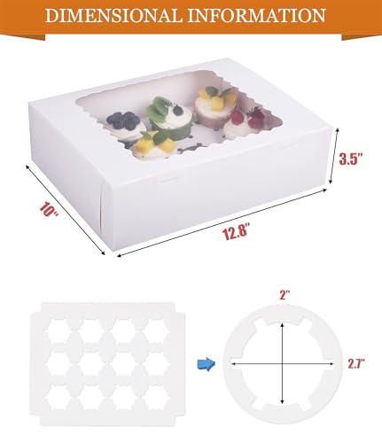LONGTEAM 12-Count Cupcake Boxes with Window & Inserts - White, 6-Pack