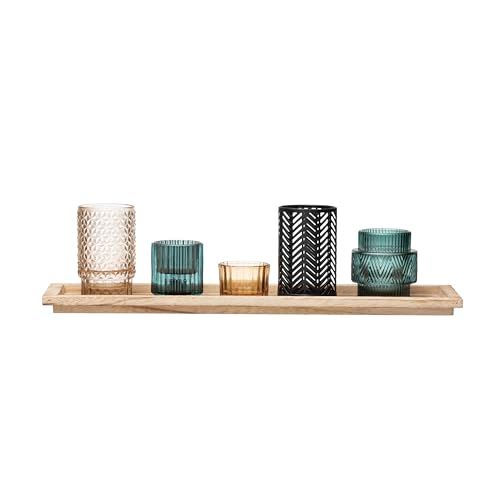 Bloomingville Embossed Glass & Metal Tealight/Votive Holders on Rectangle Wood Tray (Set of 6 Pieces)