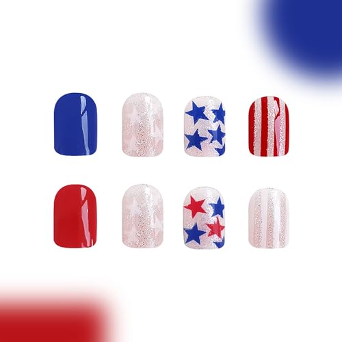 4th of July Short Square Press on Nails Red White Blue Star Fake Nails
