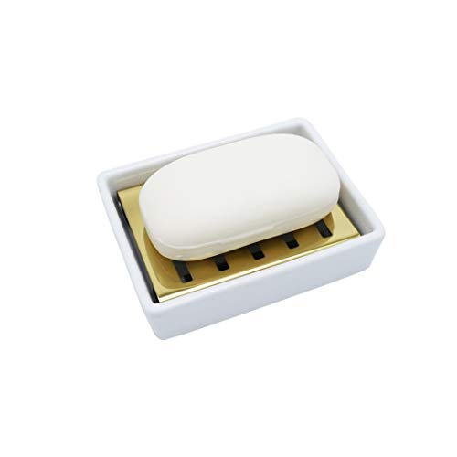 Lofekea Ceramic Soap Dish with Stainless Steel Self-Draining Tray
