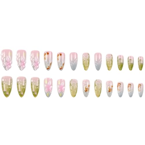 PSBRBAD Medium Almond Press on Nails 3D Floral Goldfish Fake Nails