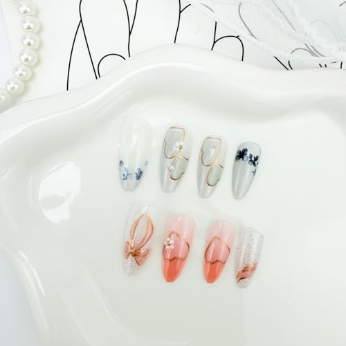White Pink Glitter Press on Nails - Medium Almond 3D Flower Fake Nails