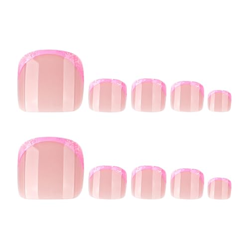 French Tip Press on Toenails Short Square Glossy Fake Toenails 24Pcs
