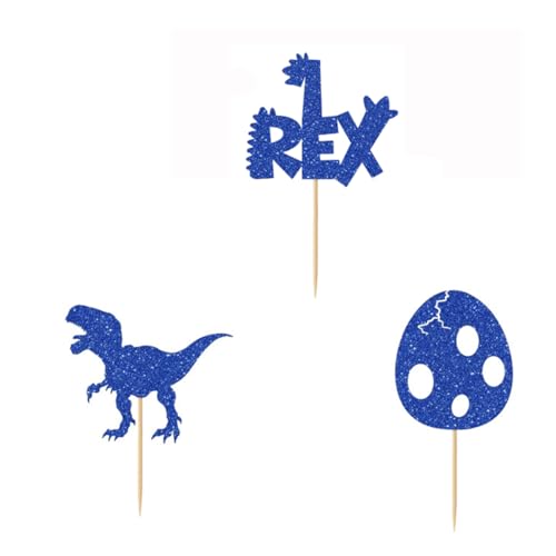 Dinosaur Cupcake Toppers - 24 PCS Glitter Blue T-Rex Decorations