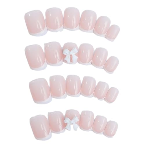 White French Tip Press on Nails Short Square False Nails with Bow