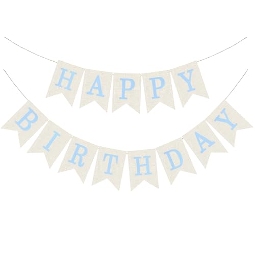 Blue Burlap Happy Birthday Banner Sign for Wall & Door Decoration - No Assembly Needed