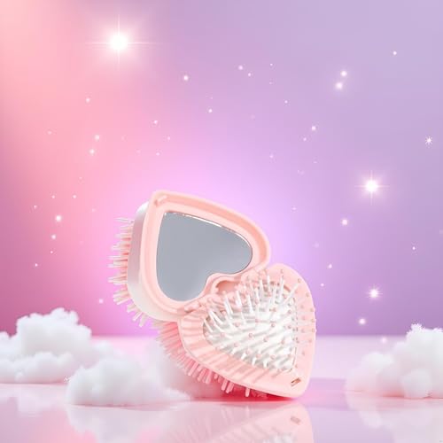 Pink Heart Folding Hair Brush with Mirror and Air Cushion Massage