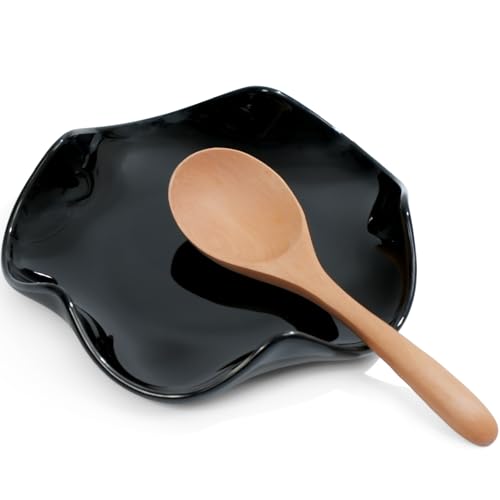 Ceramic Flower Spoon Rest - 5.3 Inch Kitchen Utensil Holder, Black