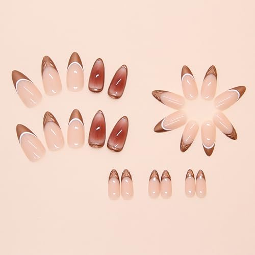 Brown French Almond Press On Nails Medium Acrylic False Nails Kit