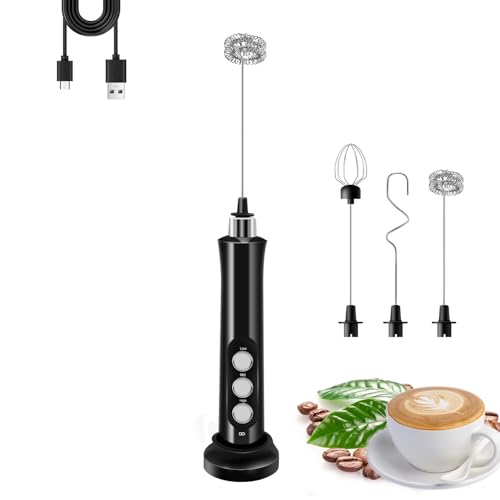 Styuanmmy Rechargeable Milk Frother, Black 3-Speed Electric Handheld Mixer